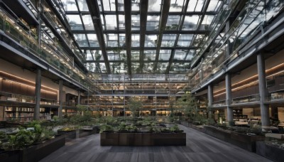 sky,cloud,indoors,tree,no humans,window,chair,table,sunlight,plant,building,scenery,wooden floor,stairs,ruins,ceiling light,overgrown,potted plant,shelf,ceiling