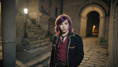 1girl,solo,looking at viewer,bangs,shirt,brown eyes,closed mouth,jacket,upper body,purple hair,multicolored hair,outdoors,open clothes,necktie,choker,collared shirt,belt,pants,medium hair,blurry,open jacket,lips,coat,black jacket,buttons,blurry background,swept bangs,red shirt,black necktie,buckle,hand in pocket,belt buckle,stairs,hands in pockets,unbuttoned,lamppost,street,long hair,jewelry,purple eyes,earrings,vest,dress shirt,makeup,black pants,black belt,red lips