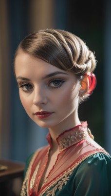 1girl,solo,looking at viewer,short hair,brown hair,hair ornament,dress,brown eyes,jewelry,closed mouth,upper body,earrings,indoors,hair bun,blurry,black eyes,lips,grey eyes,eyelashes,makeup,depth of field,blurry background,single hair bun,lipstick,portrait,realistic,nose,red lips,updo,braid,parted lips,sunlight,forehead,green dress