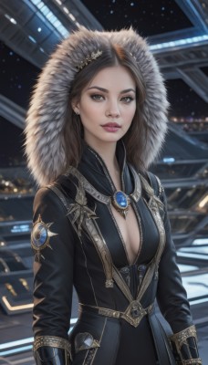 1girl,solo,long hair,breasts,looking at viewer,brown hair,gloves,cleavage,brown eyes,jewelry,medium breasts,closed mouth,standing,earrings,hood,blurry,lips,coat,fur trim,makeup,night,brooch,gem,realistic,nose,long sleeves,dress,upper body,blurry background,cleavage cutout,lipstick,hood up,stud earrings