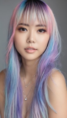 1girl,solo,long hair,breasts,looking at viewer,bangs,simple background,cleavage,brown eyes,jewelry,medium breasts,blue hair,upper body,pink hair,nude,multicolored hair,parted lips,teeth,grey background,necklace,black eyes,two-tone hair,lips,eyelashes,gradient hair,realistic,nose,black hair,purple hair,makeup