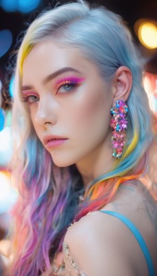 1girl,solo,long hair,looking at viewer,blue eyes,blonde hair,jewelry,closed mouth,blue hair,upper body,pink hair,purple hair,multicolored hair,earrings,blurry,from side,two-tone hair,lips,see-through,grey eyes,eyelashes,gradient hair,makeup,lipstick,gem,portrait,eyeshadow,pink lips,realistic,nose,eyeliner,mascara,rainbow hair,bare shoulders,parted lips,artist name,streaked hair,looking to the side,depth of field,watermark,wavy hair,close-up,forehead