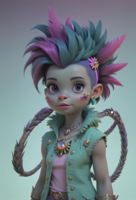 1girl,solo,looking at viewer,short hair,simple background,shirt,hair ornament,jewelry,closed mouth,blue hair,purple eyes,upper body,purple hair,flower,multicolored hair,hairband,earrings,small breasts,open clothes,sleeveless,belt,pants,artist name,hair flower,dark skin,necklace,star (symbol),vest,flat chest,bracelet,two-tone hair,dark-skinned female,lips,gradient,torn clothes,gradient background,eyelashes,sleeveless shirt,makeup,buttons,facial mark,feathers,denim,lipstick,spiked hair,gem,buckle,pendant,pink shirt,nose,purple flower,arms at sides,unbuttoned,female child,facepaint,open vest,sleeveless jacket,mohawk,pink hair,green hair,watermark,web address,belt buckle,feather hair ornament