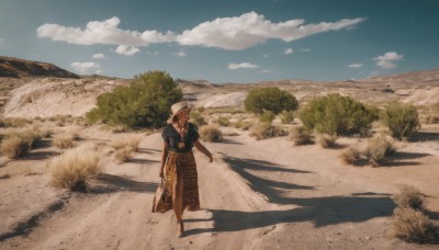 1girl,solo,long hair,short hair,skirt,brown hair,shirt,long sleeves,hat,jewelry,standing,outdoors,sky,day,cloud,bag,tree,blue sky,shadow,scenery,walking,long skirt,sand,road,wide shot,desert,holding,short sleeves,dark skin,dark-skinned female,black shirt,white headwear,holding bag