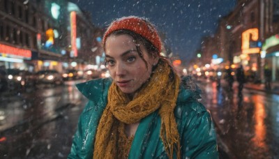 1girl,solo,looking at viewer,short hair,brown hair,black hair,hat,jacket,upper body,outdoors,scarf,blurry,black eyes,lips,coat,wet,night,depth of field,blurry background,building,red headwear,snow,rain,snowing,city,realistic,nose,beanie,street,yellow scarf,smile,dark skin,dark-skinned female,forehead,freckles,road,blue coat