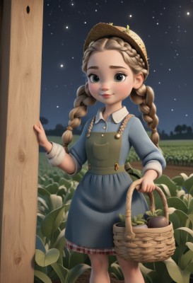 1girl,solo,long hair,looking at viewer,smile,skirt,brown hair,long sleeves,hat,dress,holding,twintails,closed mouth,standing,braid,outdoors,food,sky,artist name,black eyes,apron,twin braids,plaid,night,feet out of frame,blue dress,thick eyebrows,child,star (sky),night sky,forehead,starry sky,freckles,pocket,door,straw hat,basket,female child,doorway,holding basket,blue eyes,flower,short sleeves,lips,fruit,apple,eggplant