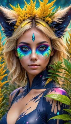 1girl,solo,long hair,breasts,looking at viewer,smile,blonde hair,hair ornament,animal ears,cleavage,medium breasts,closed mouth,green eyes,collarbone,upper body,flower,artist name,cat ears,lips,animal ear fluff,fox ears,clothing cutout,eyelashes,bodysuit,makeup,leaf,watermark,facial mark,plant,lipstick,portrait,eyeshadow,pink lips,nose,eyeliner,forehead jewel,mascara,blue eyes,hair flower,crown,facepaint,bodypaint