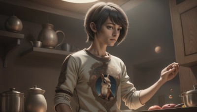 1girl,solo,short hair,bangs,brown hair,shirt,black hair,1boy,brown eyes,closed mouth,white shirt,upper body,male focus,food,indoors,black eyes,cup,lips,fruit,animal,t-shirt,sleeves rolled up,bowl,realistic,nose,teapot,print shirt,fox,sleeves pushed up,jar,kettle,blue eyes,freckles,apple