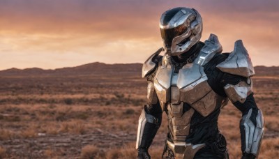 solo,1boy,upper body,male focus,outdoors,sky,armor,helmet,robot,science fiction,sunset,mountain,realistic,power armor,blurry,blurry background,looking ahead,photo background