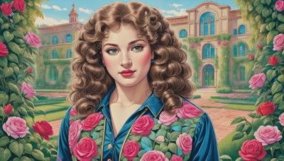 1girl,solo,long hair,looking at viewer,blue eyes,brown hair,shirt,jewelry,collarbone,upper body,flower,earrings,outdoors,sky,day,collared shirt,cloud,blue sky,lips,window,makeup,buttons,rose,leaf,floral print,blue shirt,plant,lipstick,red flower,building,pink flower,curly hair,red rose,red lips,bush,pink rose,castle,blush,cloudy sky,portrait,nose,eyeliner,mascara