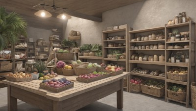 food,indoors,no humans,fruit,table,bottle,plant,scenery,apple,basket,potted plant,bread,shelf,shop,banana,vegetable,ceiling,ceiling light,groceries,cup,plate,bowl,grapes,jar,counter