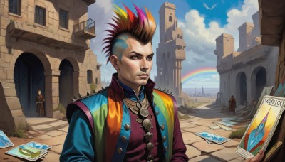 solo,brown hair,1boy,brown eyes,upper body,male focus,red hair,multicolored hair,outdoors,multiple boys,sky,solo focus,day,cloud,water,vest,two-tone hair,tree,blue sky,lips,bird,grass,building,web address,card,rainbow,mohawk,rainbow hair,blonde hair,red eyes,jewelry,orange hair,orange eyes,cloudy sky,faceless,faceless male