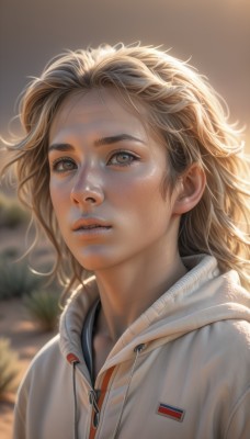 1girl,solo,long hair,looking at viewer,blonde hair,brown hair,brown eyes,jacket,upper body,outdoors,parted lips,teeth,artist name,hood,medium hair,blurry,lips,wet,eyelashes,hoodie,depth of field,blurry background,hood down,messy hair,portrait,freckles,realistic,nose,drawstring,white hoodie,day,sunlight,white jacket,wind,hooded jacket,close-up,zipper,backlighting,american flag,japanese flag