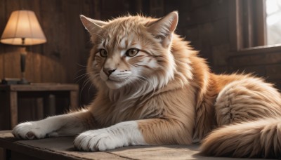 solo,looking at viewer,brown eyes,closed mouth,indoors,blurry,no humans,window,blurry background,animal,table,cat,realistic,lamp,animal focus,whiskers,lying,signature,chair,on stomach