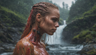 1girl, solo, long hair, brown hair, upper body, outdoors, water, blurry, from side, lips, wet, profile, rain, realistic, nose, android, wet hair