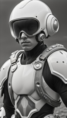 solo,1boy,closed mouth,monochrome,upper body,greyscale,male focus,armor,lips,helmet,shoulder armor,science fiction,breastplate,realistic,power armor,1girl,signature,grey background,bodysuit,goggles,cyborg,alien