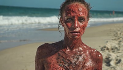 1girl,solo,breasts,looking at viewer,short hair,blue eyes,black hair,closed mouth,upper body,nude,outdoors,day,dark skin,water,blurry,lips,depth of field,blurry background,ocean,beach,messy hair,realistic,sand,1boy,collarbone,male focus,sky,black eyes,blue sky,blood,portrait,blood on face