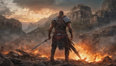 solo,long hair,brown hair,gloves,1boy,holding,standing,full body,weapon,male focus,boots,outdoors,sky,sword,cloud,fingerless gloves,from behind,holding weapon,armor,brown footwear,holding sword,cloudy sky,fire,shoulder armor,gauntlets,sheath,scenery,beard,pauldrons,rock,mountain,vambraces,facing away,scabbard,ruins,embers,molten rock,black hair,smoke,dual wielding,sunset,fantasy,chainmail,flaming weapon