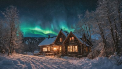 outdoors,sky,tree,no humans,window,night,building,star (sky),nature,night sky,scenery,snow,forest,starry sky,mountain,door,road,house,winter,bare tree,chimney,pine tree,aurora,snowing,milky way