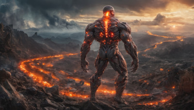 solo, 1boy, standing, male focus, outdoors, sky, cloud, muscular, glowing, cloudy sky, fire, glowing eyes, science fiction, mountain, cyborg, molten rock