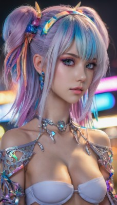 1girl,solo,long hair,breasts,looking at viewer,bangs,blue eyes,hair ornament,ribbon,cleavage,bare shoulders,twintails,jewelry,medium breasts,blue hair,collarbone,swimsuit,hair ribbon,upper body,pink hair,bikini,multicolored hair,hairband,earrings,parted lips,choker,necklace,bra,blurry,two-tone hair,two side up,lips,eyelashes,strapless,makeup,blurry background,white bikini,gem,armlet,eyeshadow,realistic,nose,strapless bikini,mascara,sidelocks,small breasts,artist name,streaked hair,bikini top only,pink lips,eyeliner