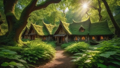 outdoors,day,tree,no humans,window,leaf,sunlight,grass,plant,building,nature,scenery,forest,light rays,door,road,bush,architecture,sunbeam,house,east asian architecture,path