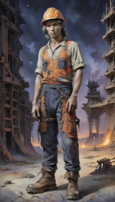 solo,looking at viewer,brown hair,shirt,black hair,1boy,brown eyes,standing,full body,white shirt,male focus,boots,outdoors,sky,belt,pants,cloud,vest,night,brown footwear,helmet,fire,denim,building,night sky,realistic,overalls,hardhat,blonde hair,weapon,gun,torn clothes,star (sky),ruins