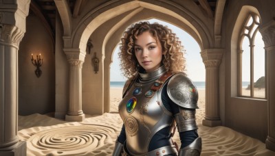 1girl,solo,long hair,looking at viewer,blue eyes,brown hair,brown eyes,jewelry,upper body,day,indoors,dark skin,water,armor,dark-skinned female,lips,shoulder armor,curly hair,pauldrons,breastplate,realistic,nose,candle,pillar,arch,gorget,column,breasts,medium breasts,closed mouth,sky,belt,necklace,window,makeup,ocean,wavy hair,sunlight,gem,backlighting,chainmail,plate armor