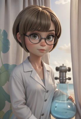 1girl,solo,breasts,looking at viewer,blush,smile,short hair,bangs,brown hair,shirt,long sleeves,holding,brown eyes,closed mouth,collarbone,white shirt,upper body,small breasts,sky,glasses,day,collared shirt,artist name,cloud,indoors,water,blue sky,lips,fingernails,eyelashes,window,dress shirt,buttons,ocean,leaf,plant,curtains,freckles,black-framed eyewear,pocket,nose,round eyewear,sunlight,thick eyebrows,labcoat