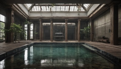 day,indoors,water,tree,no humans,window,chair,sunlight,plant,scenery,reflection,wooden floor,stairs,door,ruins,overgrown,broken window,table,building,bench,bridge,train station