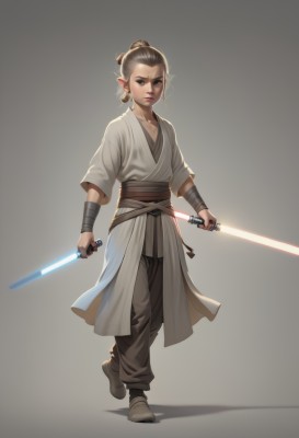 1girl,solo,looking at viewer,simple background,brown hair,holding,brown eyes,jewelry,standing,full body,weapon,earrings,pointy ears,pants,sword,grey background,hair bun,holding weapon,lips,sash,holding sword,single hair bun,elf,walking,science fiction,dual wielding,robe,realistic,hair pulled back,dougi,energy sword,lightsaber,animification