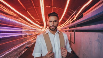 solo,looking at viewer,short hair,brown hair,shirt,black hair,1boy,brown eyes,white shirt,upper body,male focus,collared shirt,indoors,dark skin,vest,dress shirt,facial hair,dark-skinned male,suspenders,beard,realistic,mustache,wings,signature,black eyes,science fiction,animification