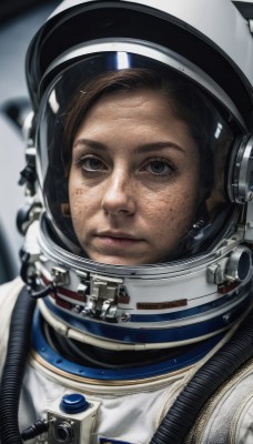 1girl,solo,looking at viewer,short hair,brown hair,brown eyes,closed mouth,upper body,blurry,black eyes,lips,blurry background,helmet,portrait,freckles,reflection,realistic,spacesuit,space helmet,astronaut,1boy,male focus,expressionless,forehead,science fiction,serious,camera,space,planet,dirty,earth (planet)