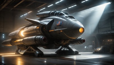 HQ,indoors,signature,military,no humans,window,robot,ground vehicle,mecha,machinery,flying,science fiction,realistic,aircraft,emblem,military vehicle,light,vehicle focus,spacecraft,lights,cockpit,motor vehicle,american flag