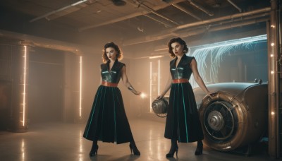 1girl,looking at viewer,short hair,multiple girls,skirt,brown hair,black hair,dress,2girls,brown eyes,jewelry,standing,earrings,sleeveless,belt,indoors,black footwear,black dress,high heels,bracelet,makeup,lipstick,ground vehicle,motor vehicle,reflection,science fiction,long skirt,hoop earrings,red lips,car,vehicle focus,open mouth,curly hair