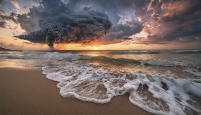 outdoors, sky, cloud, water, dutch angle, no humans, ocean, beach, cloudy sky, fire, scenery, smoke, sunset, sand, waves, shore