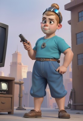 solo,smile,short hair,brown hair,shirt,1boy,holding,brown eyes,jewelry,closed mouth,standing,full body,weapon,short sleeves,male focus,outdoors,shoes,shorts,day,belt,pants,artist name,necklace,hair bun,holding weapon,gun,brown footwear,single hair bun,blue shirt,goggles,building,child,holding gun,handgun,blue shorts,goggles on head,hand in pocket,city,male child,television,blush,realistic