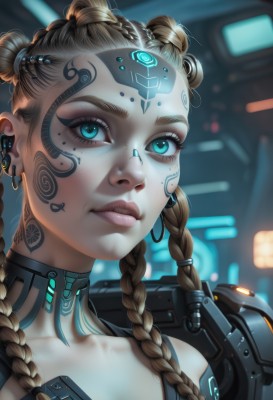 1girl,solo,long hair,looking at viewer,blue eyes,blonde hair,brown hair,jewelry,upper body,braid,earrings,choker,artist name,hair bun,blurry,twin braids,aqua eyes,lips,eyelashes,double bun,tattoo,makeup,blurry background,facial mark,piercing,ear piercing,portrait,close-up,eyeshadow,freckles,science fiction,nose,eyeliner,cyborg,mascara,cyberpunk,neck tattoo,multiple braids,hair ornament,closed mouth,collarbone,lipstick,forehead,forehead mark,realistic,facial tattoo,braided bun,hologram