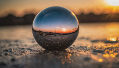 outdoors, sky, cloud, water, blurry, no humans, depth of field, ocean, scenery, lens flare, reflection, sunset, sun, watercraft, ship, boat