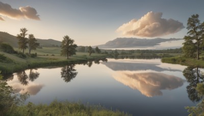 outdoors,sky,day,cloud,water,tree,blue sky,no humans,cloudy sky,grass,plant,nature,scenery,forest,reflection,sunset,mountain,horizon,river,landscape,lake,reflective water