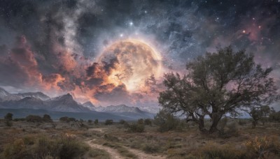 outdoors,sky,cloud,signature,tree,no humans,night,moon,cloudy sky,grass,star (sky),nature,night sky,scenery,full moon,forest,starry sky,mountain,landscape,mountainous horizon,hill