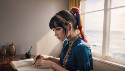 1girl,solo,long hair,bangs,black hair,hair ornament,holding,brown eyes,jewelry,sitting,closed mouth,upper body,ponytail,purple hair,multicolored hair,hairband,earrings,day,indoors,water,necklace,from side,lips,book,window,profile,makeup,ocean,table,sunlight,ring,curtains,open book,realistic,nose,pen,pencil,holding pen,writing,quill,nib pen (object),short sleeves,sky,cloud,desk