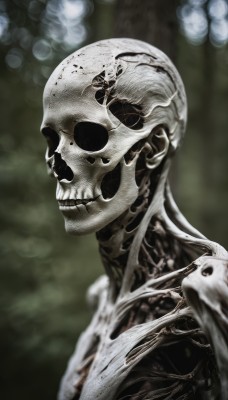 solo,smile,1boy,upper body,male focus,teeth,blurry,from side,no humans,depth of field,blurry background,bug,veins,skull,monster,realistic,bald,skeleton,alien,horror (theme),bone