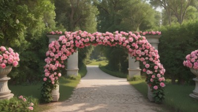 flower,outdoors,day,tree,no humans,shadow,rose,sunlight,grass,plant,nature,scenery,pink flower,forest,road,bush,pink rose,pillar,path,arch,garden,column,red flower