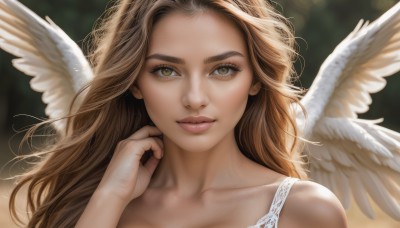 1girl,solo,long hair,looking at viewer,smile,brown hair,bare shoulders,brown eyes,closed mouth,collarbone,wings,hand up,blurry,lips,eyelashes,depth of field,blurry background,wavy hair,portrait,feathered wings,forehead,angel wings,realistic,nose,white wings,angel