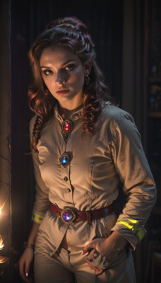 1girl,solo,long hair,breasts,looking at viewer,brown hair,shirt,black hair,long sleeves,brown eyes,jewelry,closed mouth,standing,ponytail,cowboy shot,earrings,belt,pants,indoors,dark skin,nail polish,blurry,black eyes,bracelet,dark-skinned female,lips,fingernails,makeup,buttons,blurry background,drill hair,ring,lipstick,brooch,gem,red nails,curly hair,watch,hand in pocket,realistic,white pants,nose,red lips,brown belt,hair pulled back,red gemstone,green gemstone,necklace,thick eyebrows,long fingernails,wristwatch,candle,brown nails