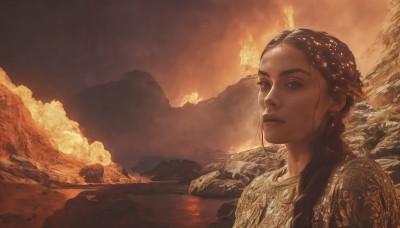 1girl,solo,long hair,brown hair,upper body,braid,outdoors,parted lips,sky,cloud,water,armor,lips,single braid,portrait,scenery,hair over shoulder,rock,mountain,fantasy,river,brown theme,looking at viewer,black hair,brown eyes,jewelry,earrings,fire,smoke,realistic,desert