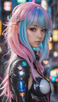 1girl,solo,long hair,breasts,looking at viewer,bangs,hair ornament,brown eyes,medium breasts,closed mouth,blue hair,upper body,pink hair,multicolored hair,artist name,blunt bangs,blurry,black eyes,from side,two-tone hair,lips,grey eyes,bodysuit,makeup,depth of field,blurry background,science fiction,realistic,nose,cyborg,cyberpunk,blue eyes,small breasts,armor,streaked hair,eyelashes,freckles,bokeh