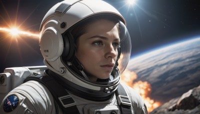 1girl,solo,brown hair,black hair,1boy,brown eyes,upper body,signature,blurry,lips,blurry background,helmet,portrait,star (sky),reflection,science fiction,realistic,sun,space,explosion,planet,earth (planet),spacesuit,space helmet,astronaut,parted lips,bag,backpack,backlighting,freckles,nose,looking afar,american flag,debris