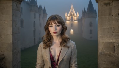 1girl,solo,long hair,breasts,looking at viewer,smile,brown hair,cleavage,brown eyes,jewelry,medium breasts,jacket,upper body,outdoors,open clothes,necklace,lips,grey eyes,makeup,wavy hair,lipstick,building,realistic,castle,bangs,shirt,parted lips,sky,teeth,scenery